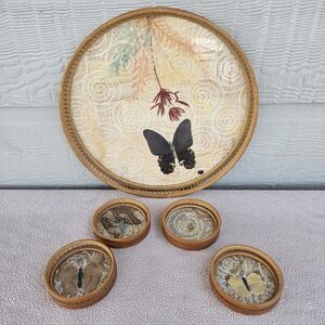 HI-MARK Bamboo Real Pressed Butterfly Serving Tray with 4 Coasters MCM Wooden